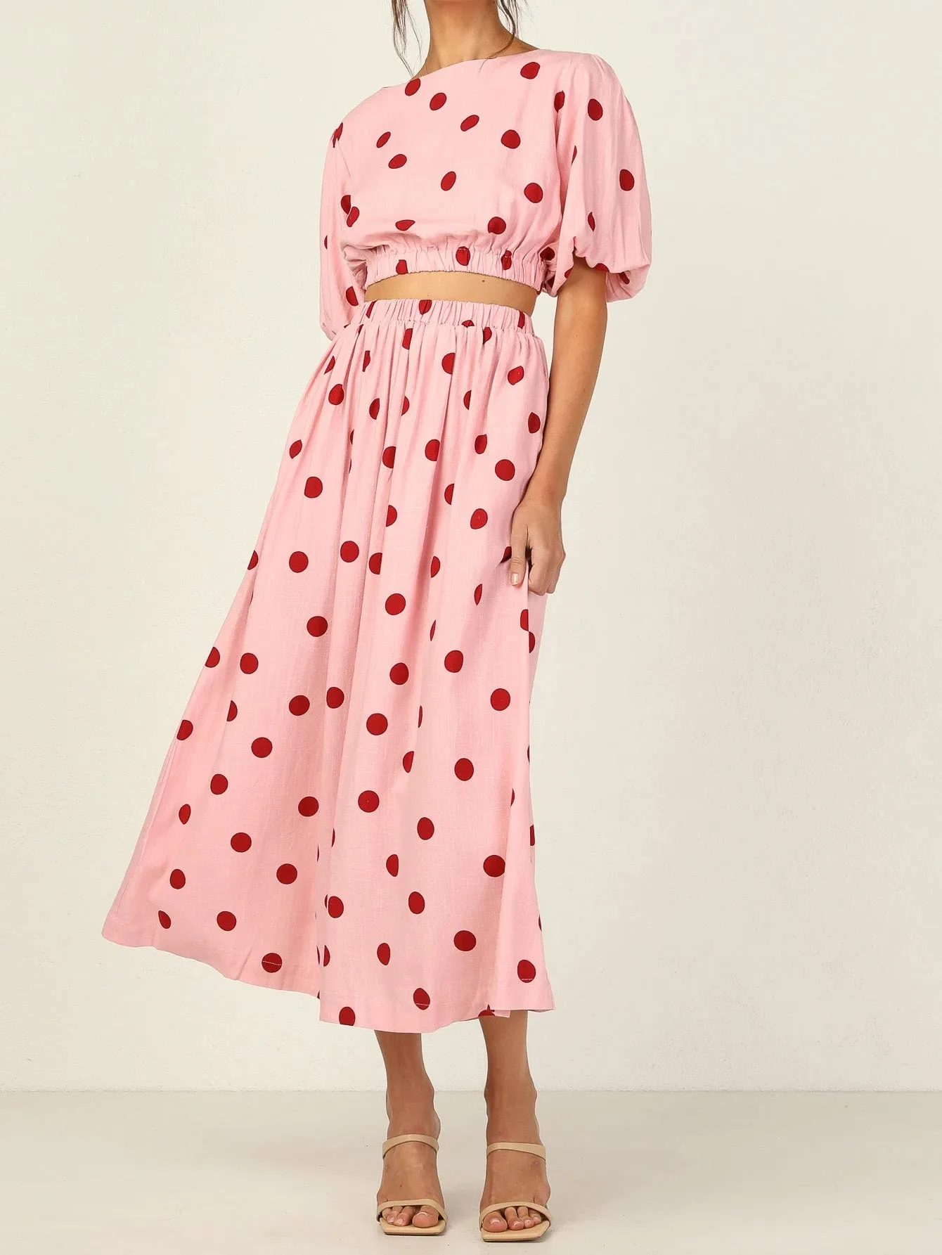 KittenAlarm - Women 2pcs Print High Waist Dress set ( short sleeve   high waist skirt )