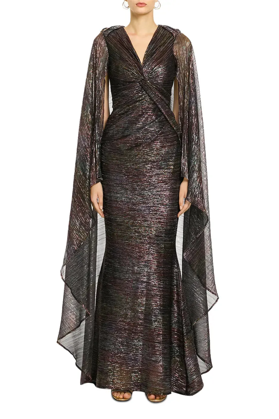 Mystery Voile Metallic Cape Evening Gown