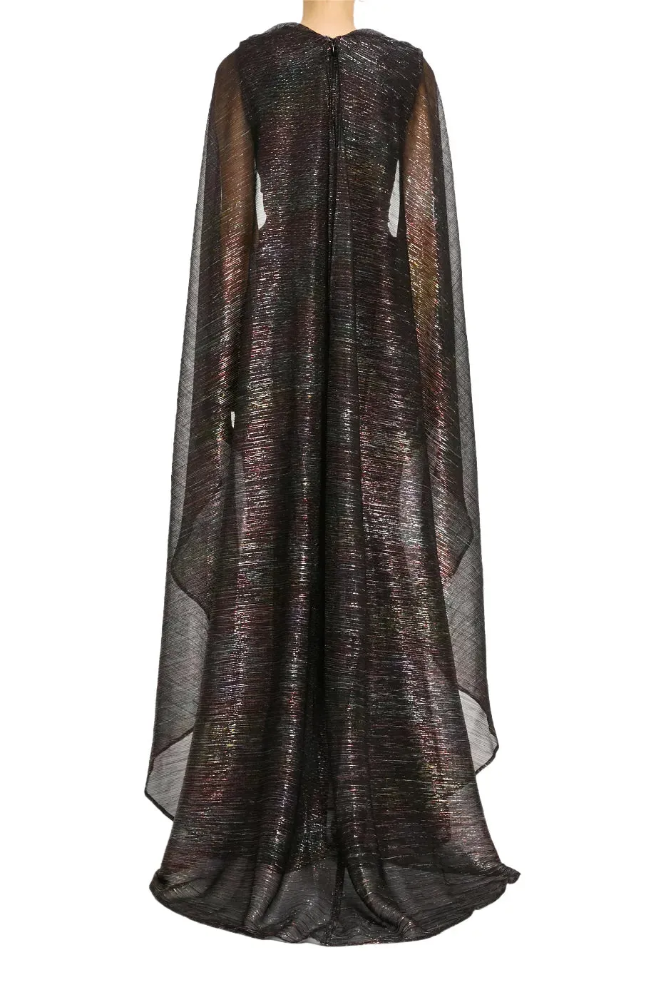 Mystery Voile Metallic Cape Evening Gown