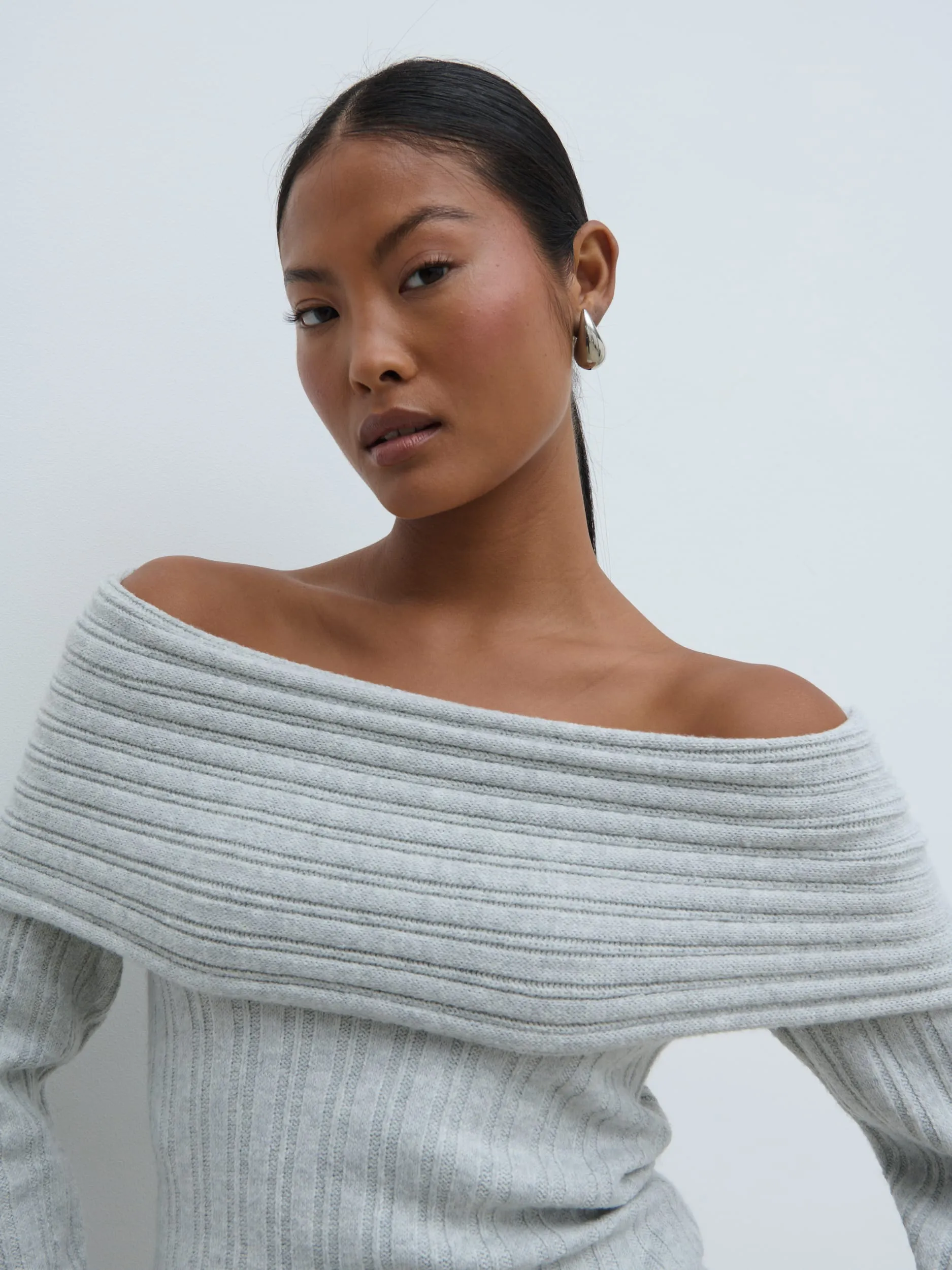 Petra Bardot Cosy Rib Knit Jumper - Grey Marl