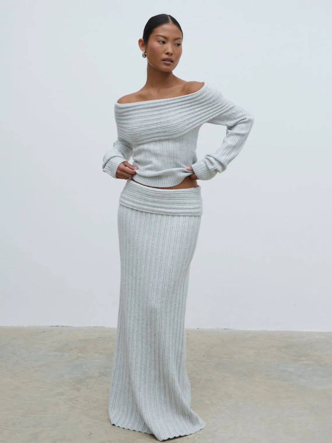 Petra Bardot Cosy Rib Knit Jumper - Grey Marl