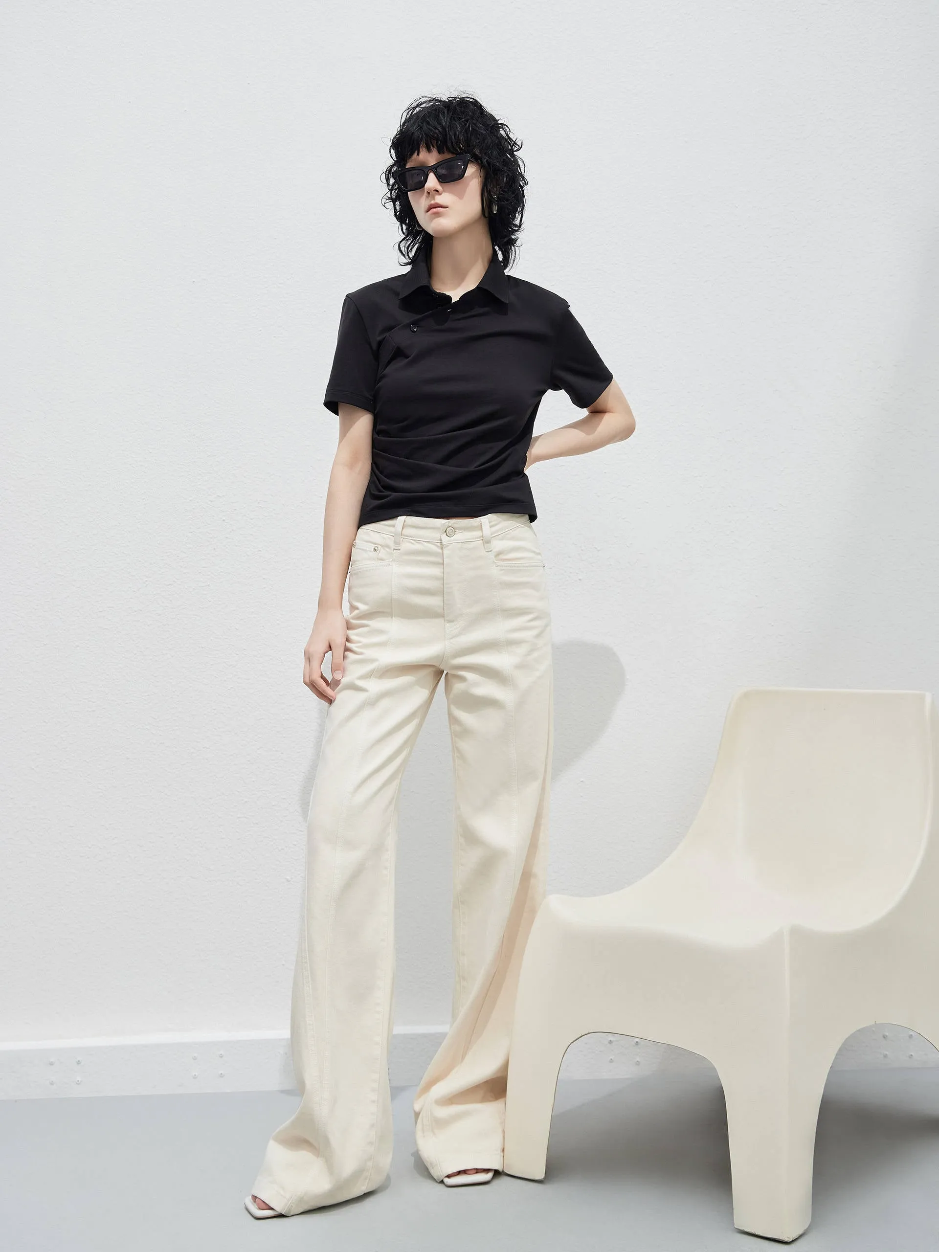 Pleated Slanted Placket Top