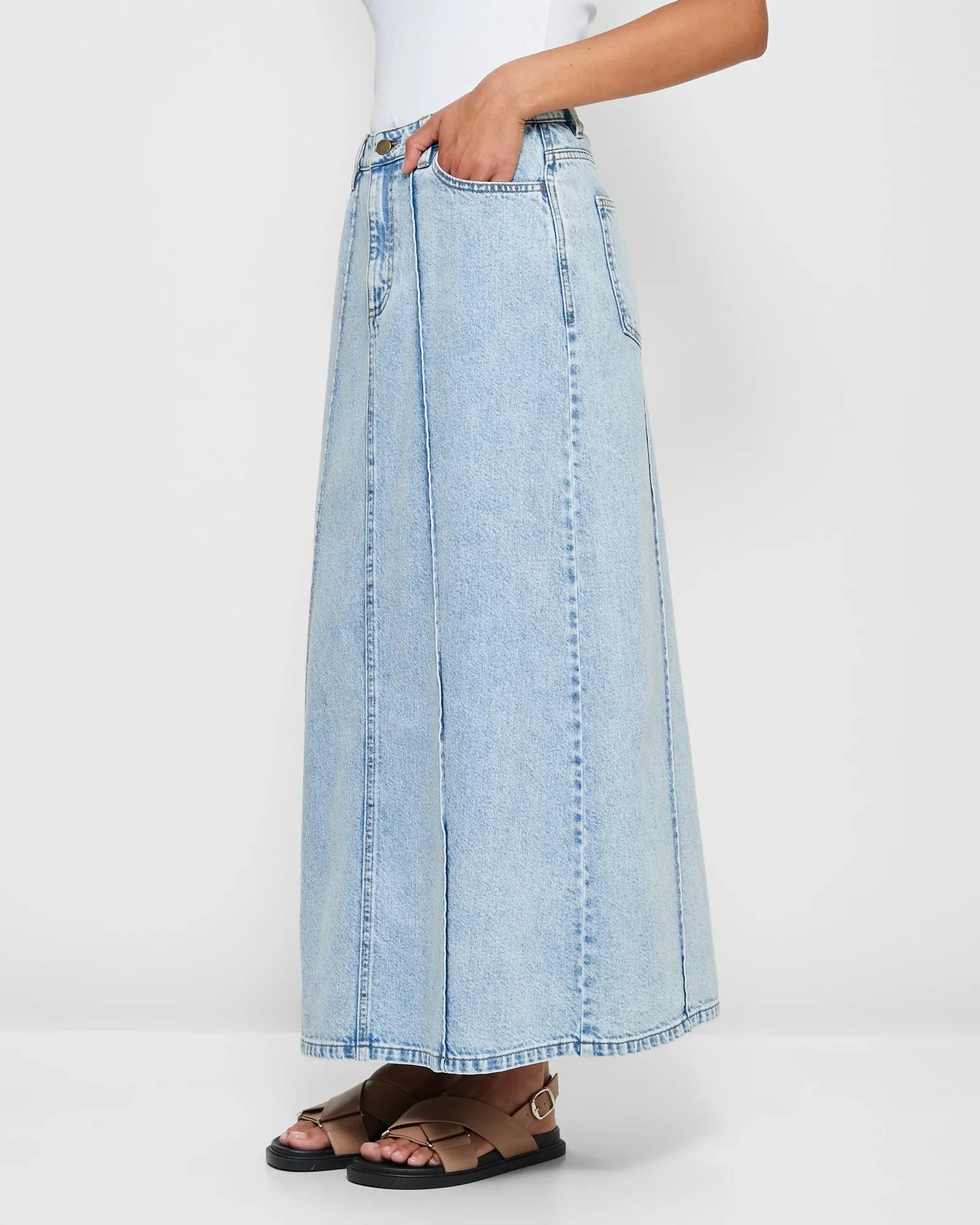 popular  Panelled Denim Maxi Skirt - Island Blue