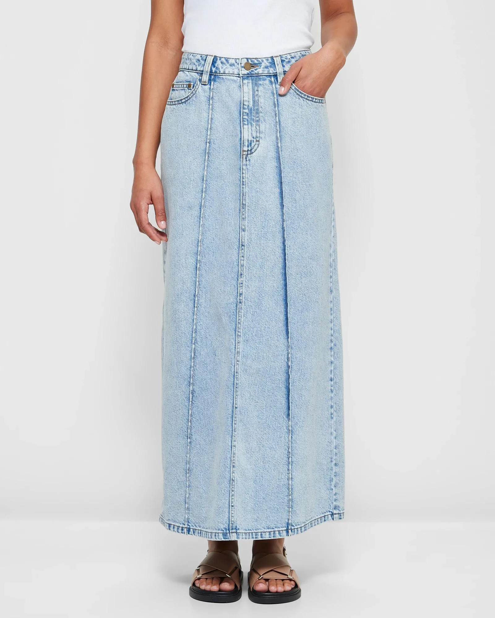 popular  Panelled Denim Maxi Skirt - Island Blue