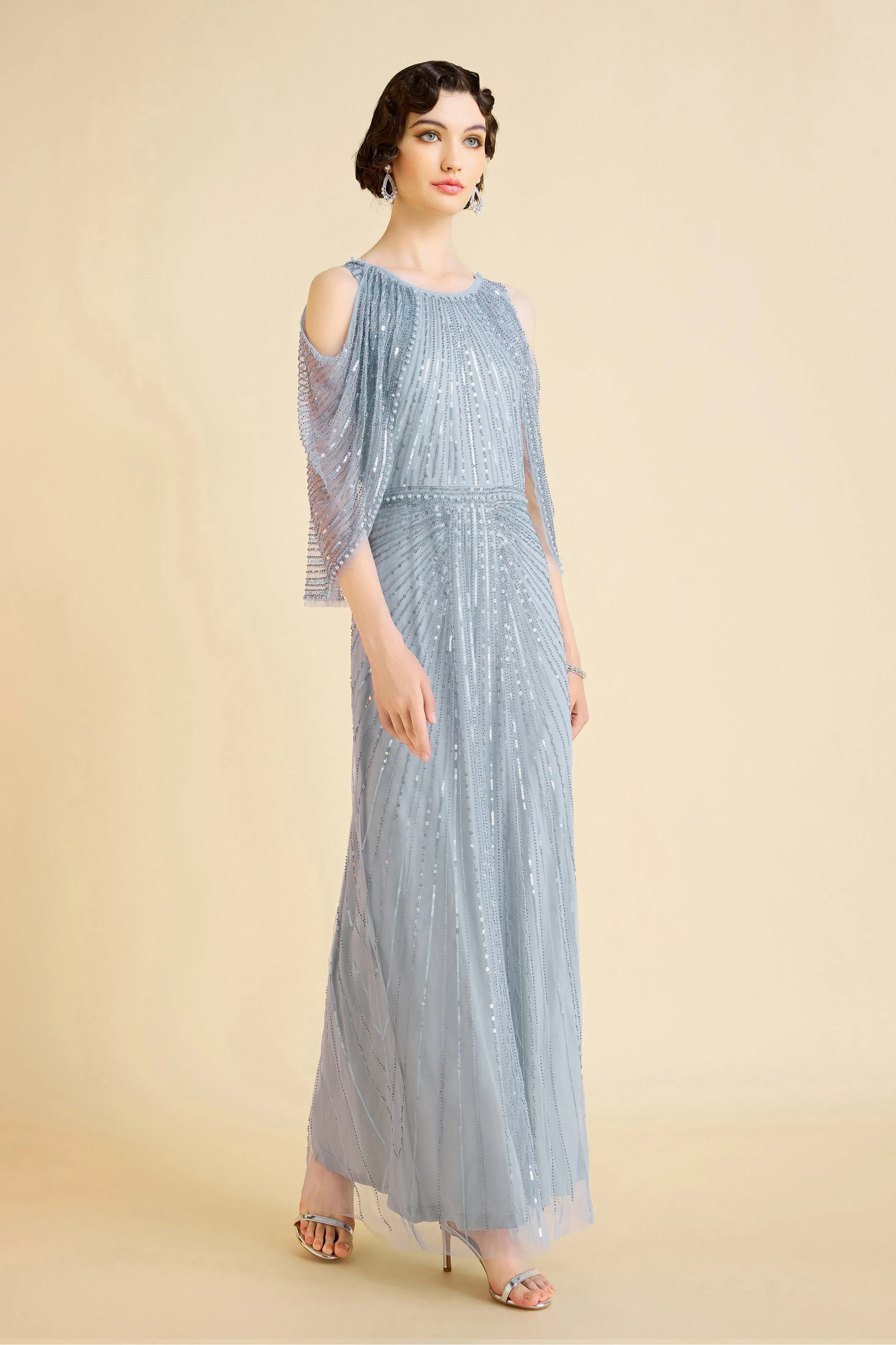 Radiant Sequins Cape Sleeve Evening Gown