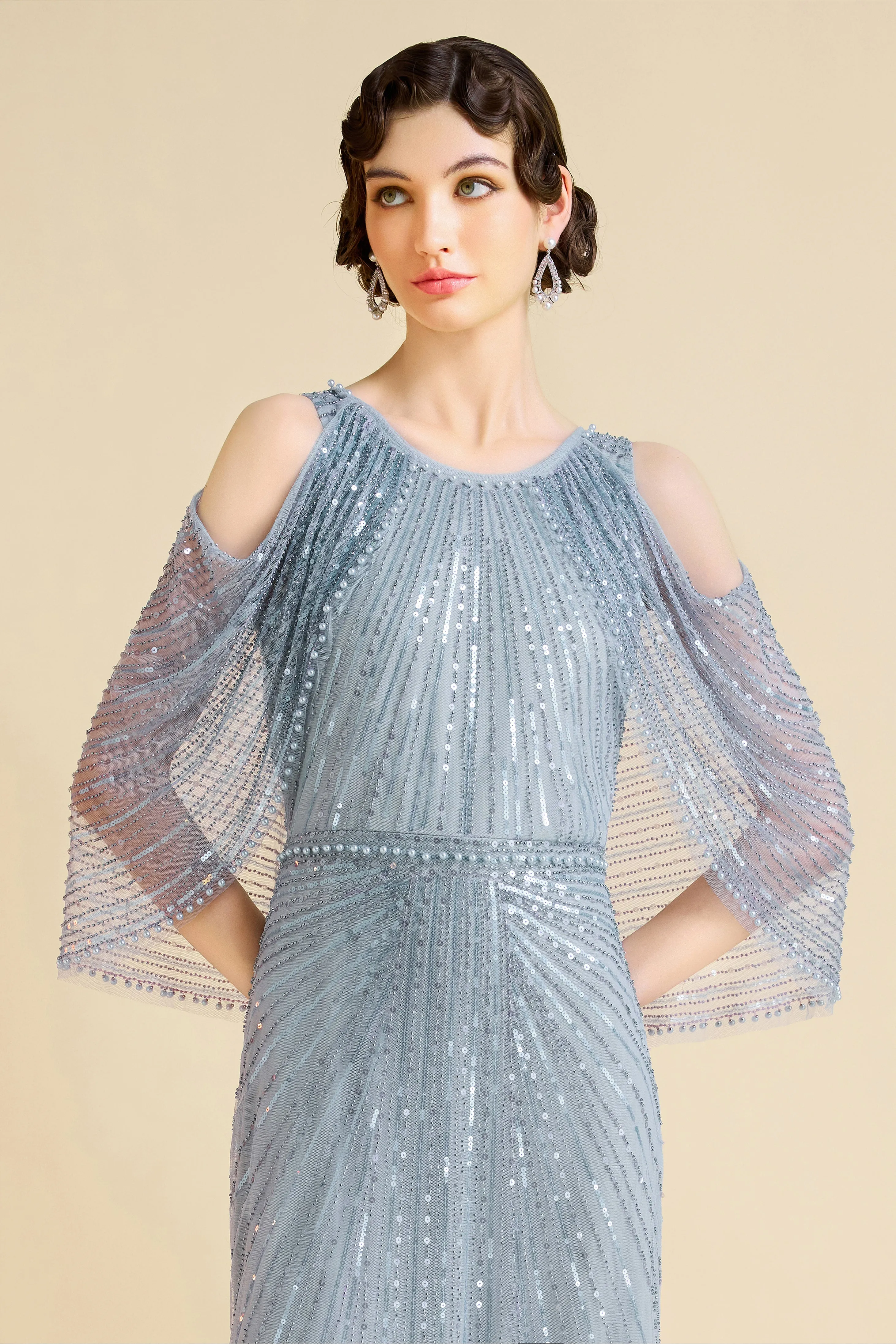 Radiant Sequins Cape Sleeve Evening Gown
