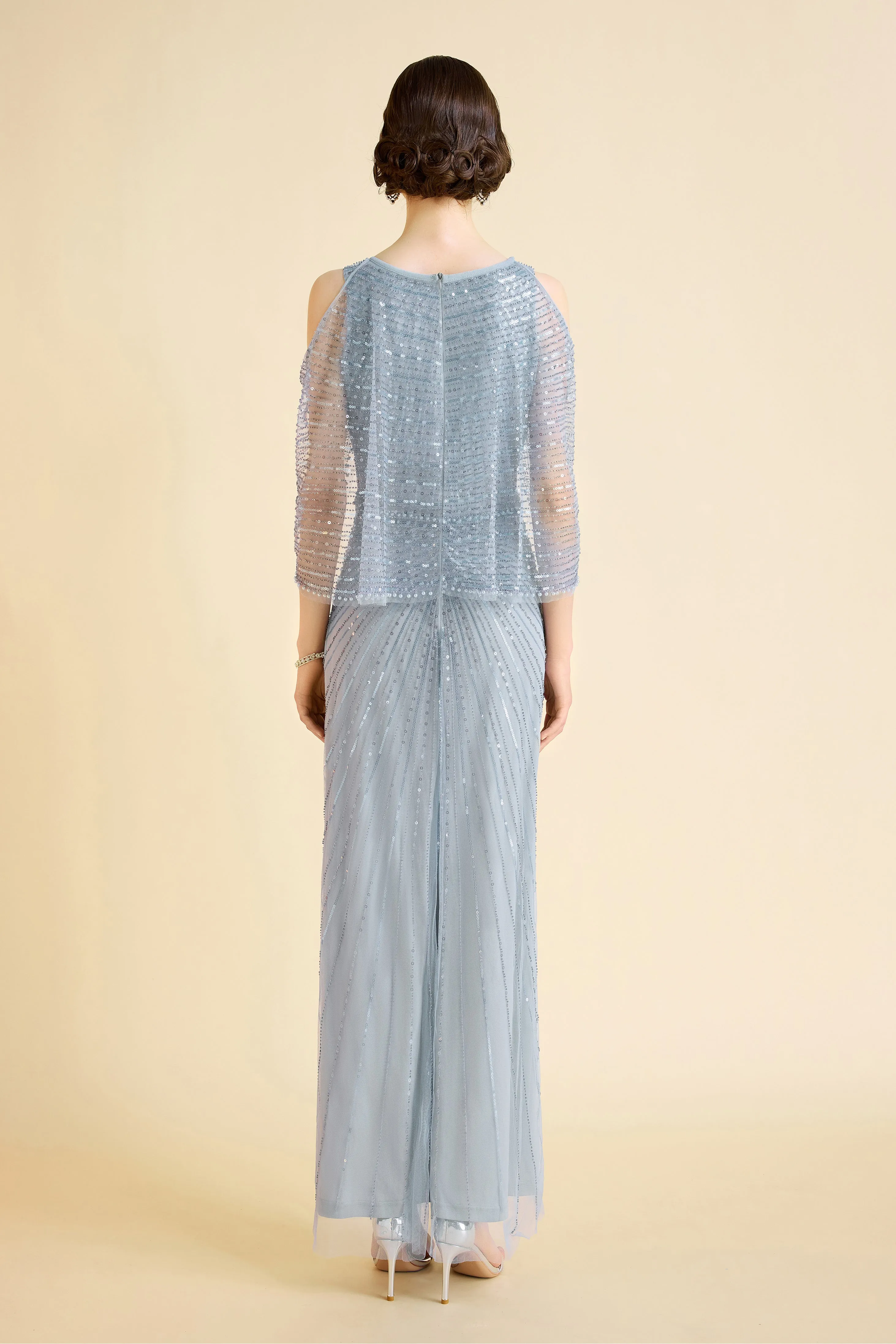 Radiant Sequins Cape Sleeve Evening Gown