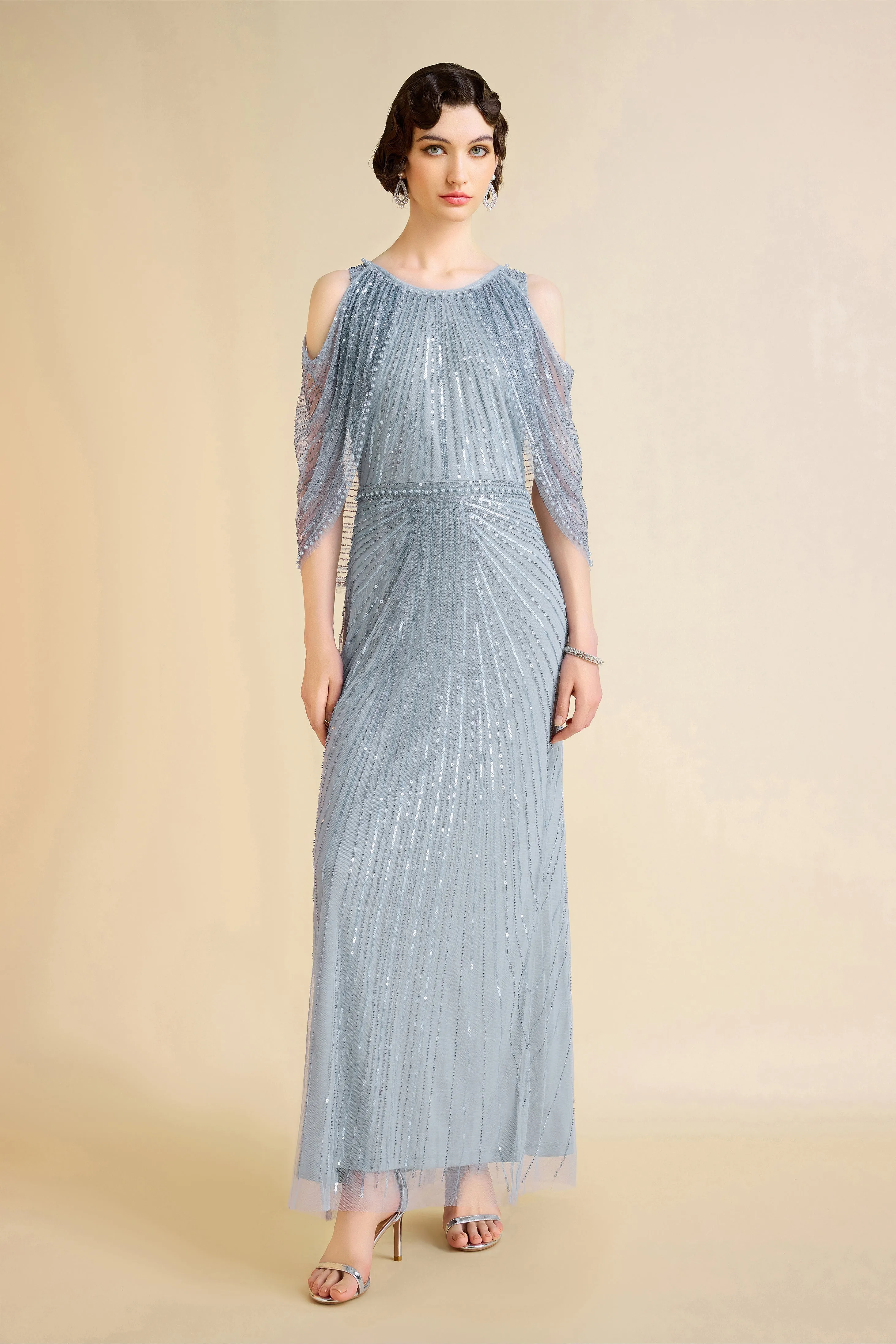 Radiant Sequins Cape Sleeve Evening Gown