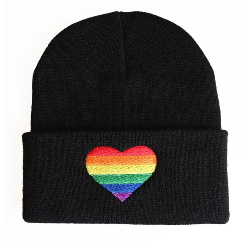 Rainbow Heart Embroidered Knit Hat | Pride Colors Beanie | LGBT  Merch