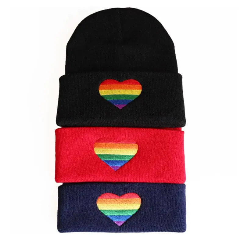 Rainbow Heart Embroidered Knit Hat | Pride Colors Beanie | LGBT  Merch