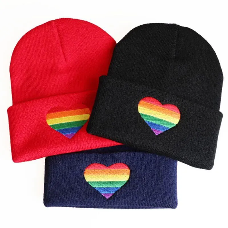 Rainbow Heart Embroidered Knit Hat | Pride Colors Beanie | LGBT  Merch