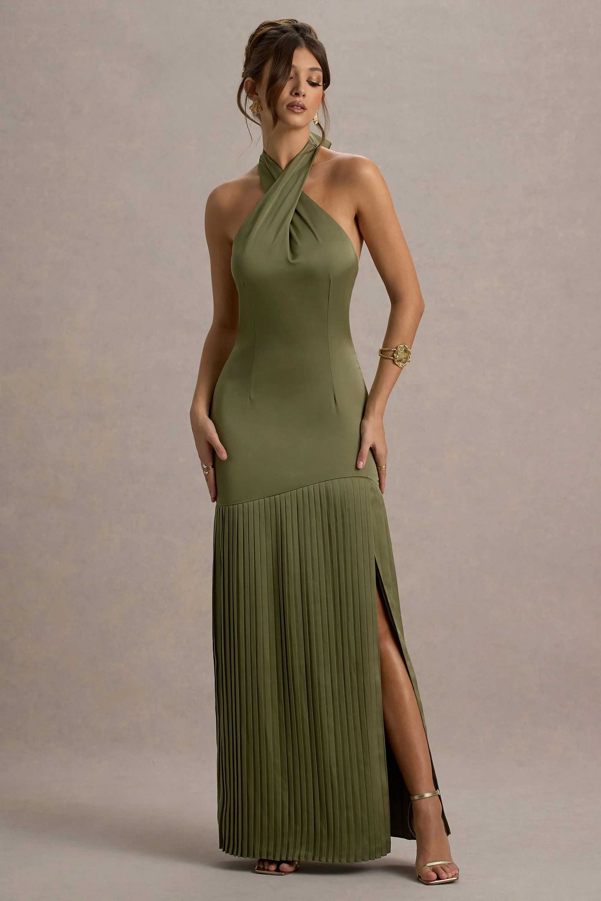 Sansa | Khaki Satin Cross Halter-Neck Plisse Maxi Dress