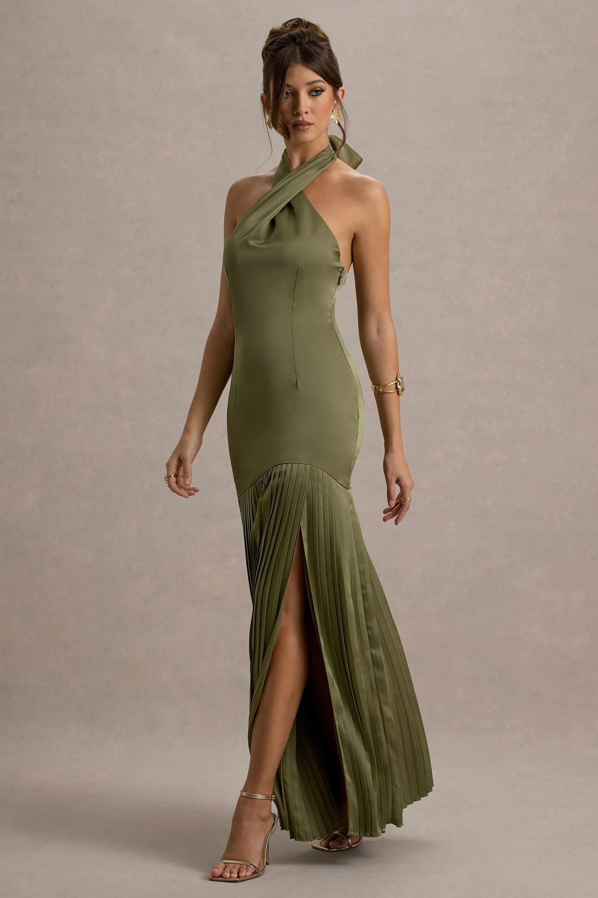 Sansa | Khaki Satin Cross Halter-Neck Plisse Maxi Dress