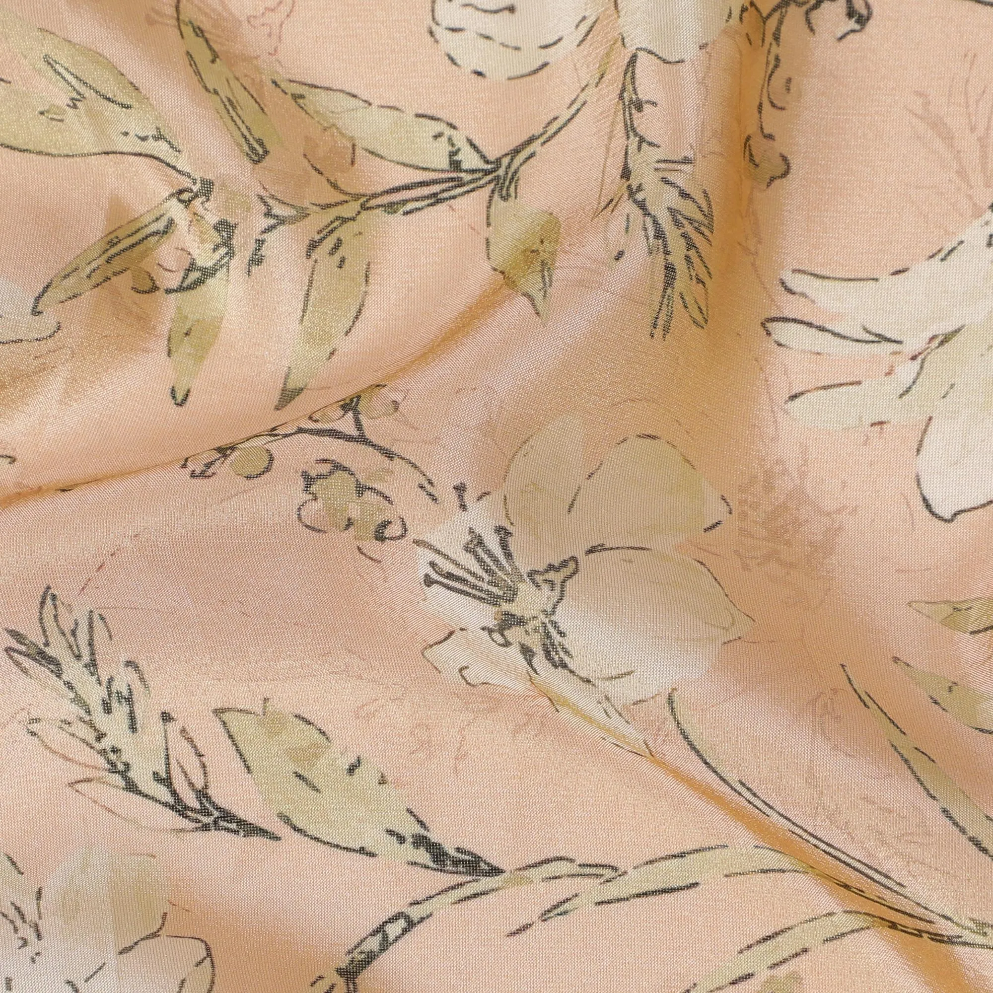 Soft Peach Blossom Organza Fabric - Delicate Botanical Sketch, 110cm Width, Graceful Drape-D18940