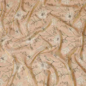 Soft Peach Blossom Organza Fabric - Delicate Botanical Sketch, 110cm Width, Graceful Drape-D18940