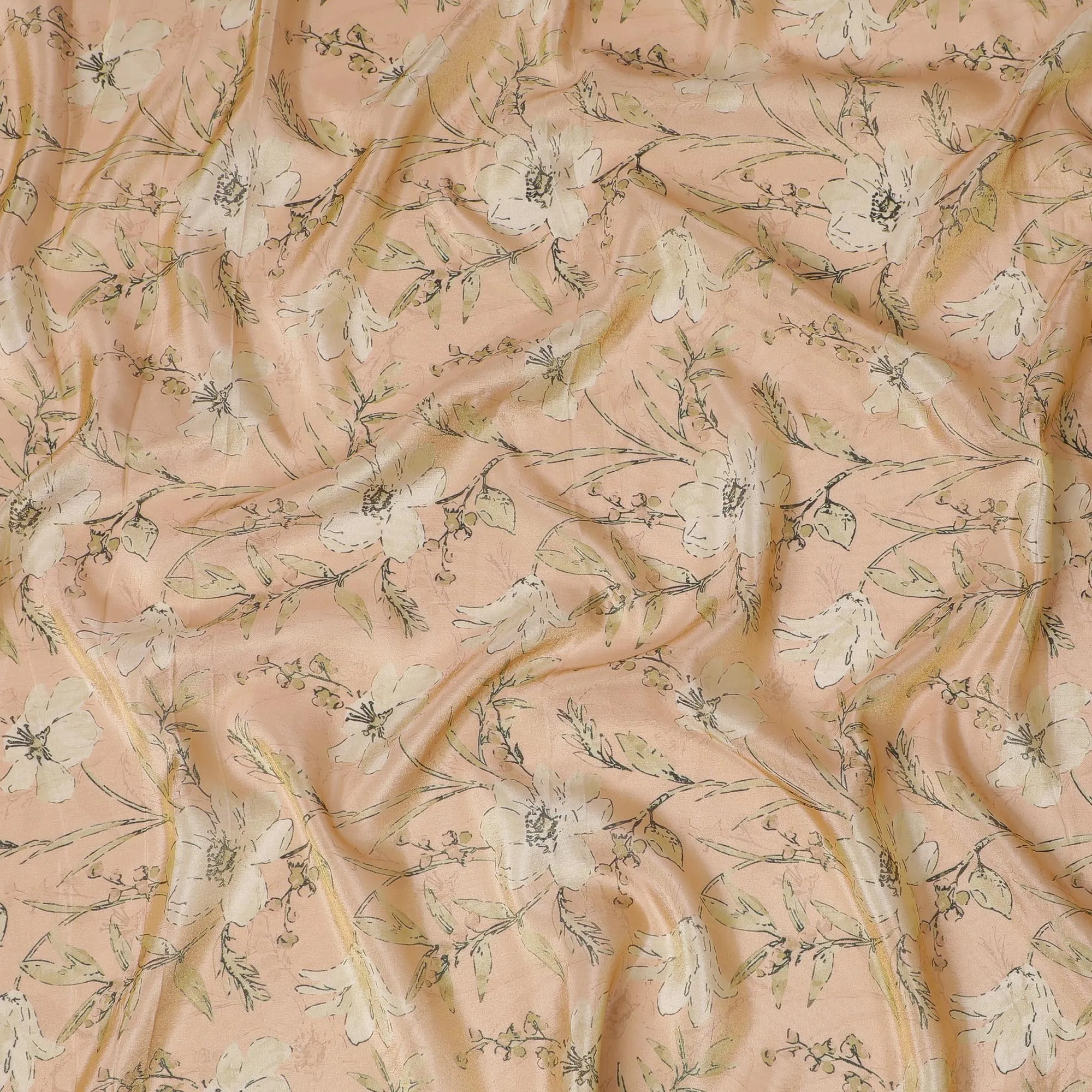 Soft Peach Blossom Organza Fabric - Delicate Botanical Sketch, 110cm Width, Graceful Drape-D18940