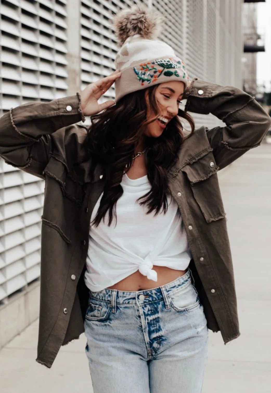 Tan Camo w/ Floral Pattern Cuff Pom Beanie
