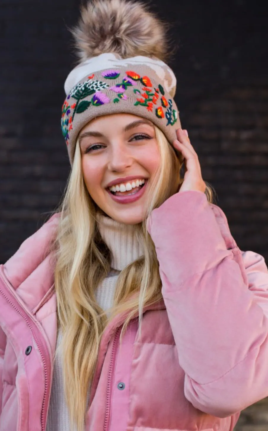 Tan Camo w/ Floral Pattern Cuff Pom Beanie