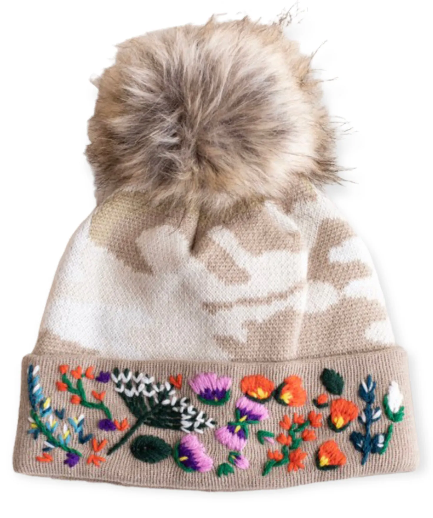 Tan Camo w/ Floral Pattern Cuff Pom Beanie