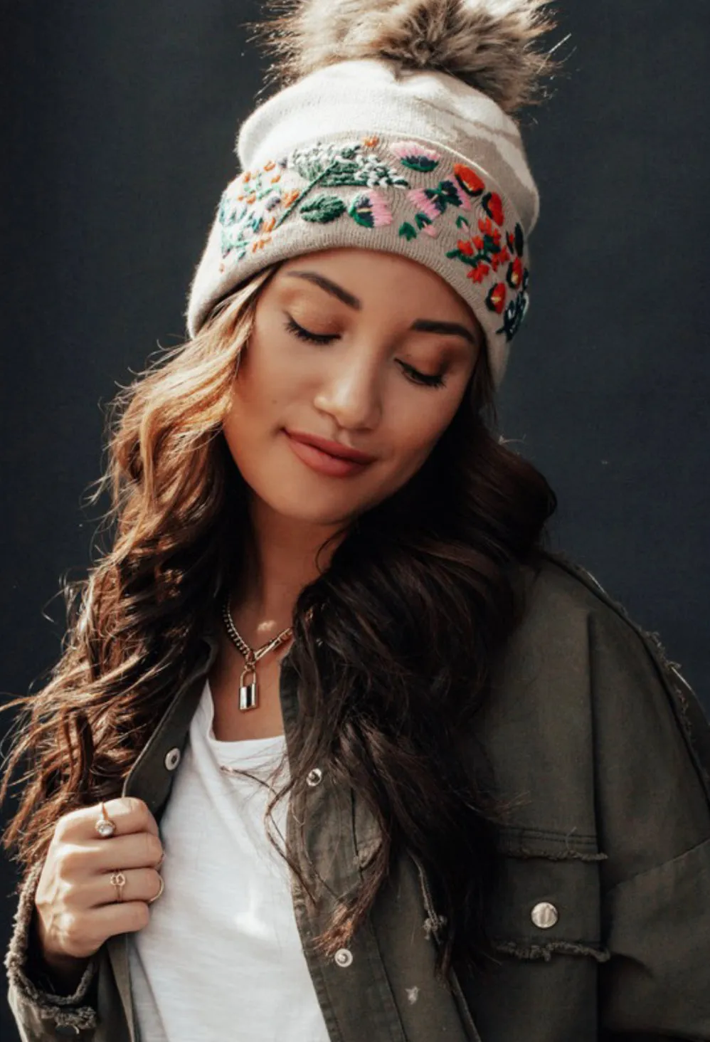 Tan Camo w/ Floral Pattern Cuff Pom Beanie