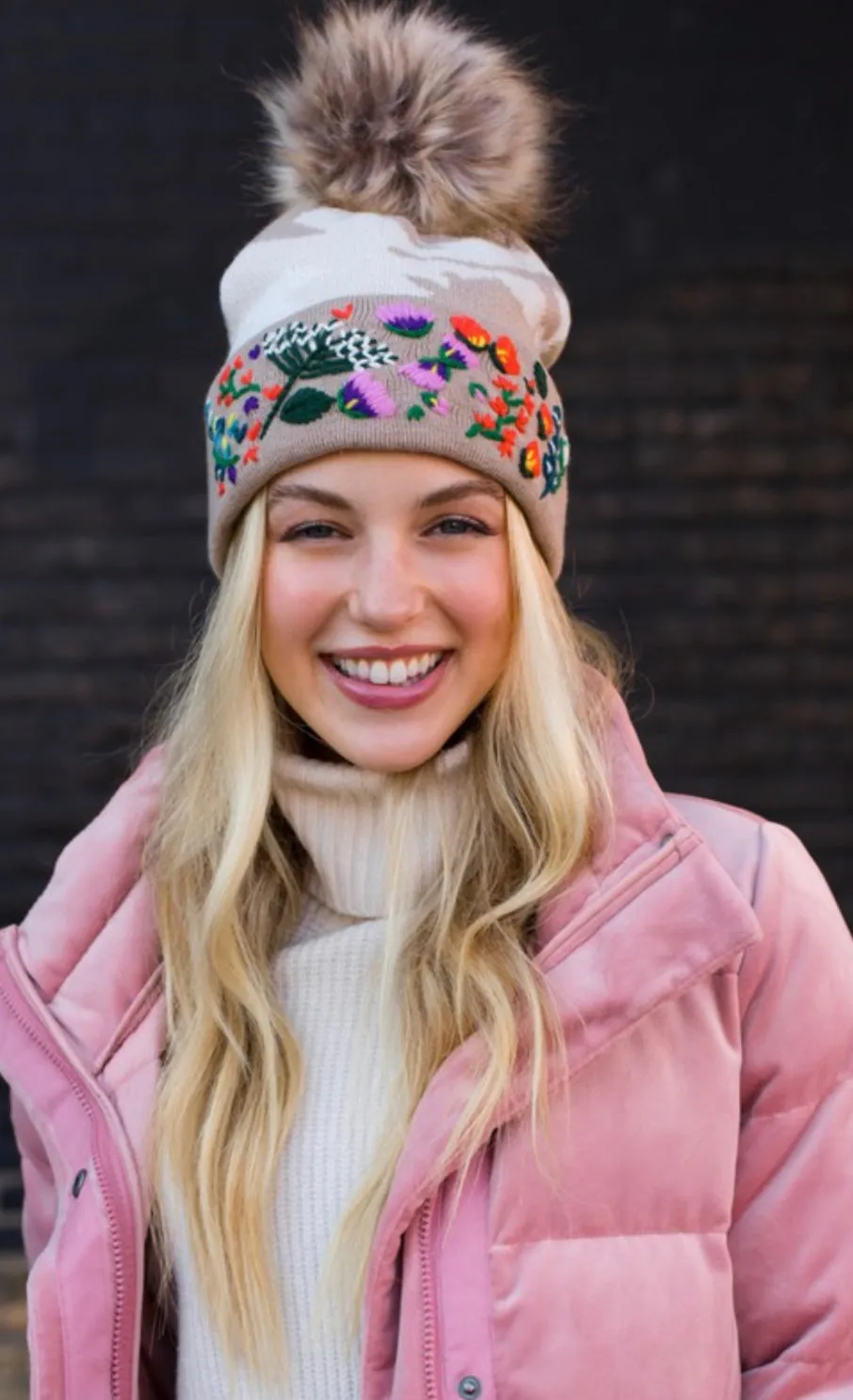 Tan Camo w/ Floral Pattern Cuff Pom Beanie