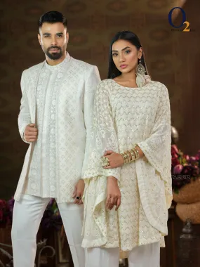 White and Gold party wear cape men's couple set