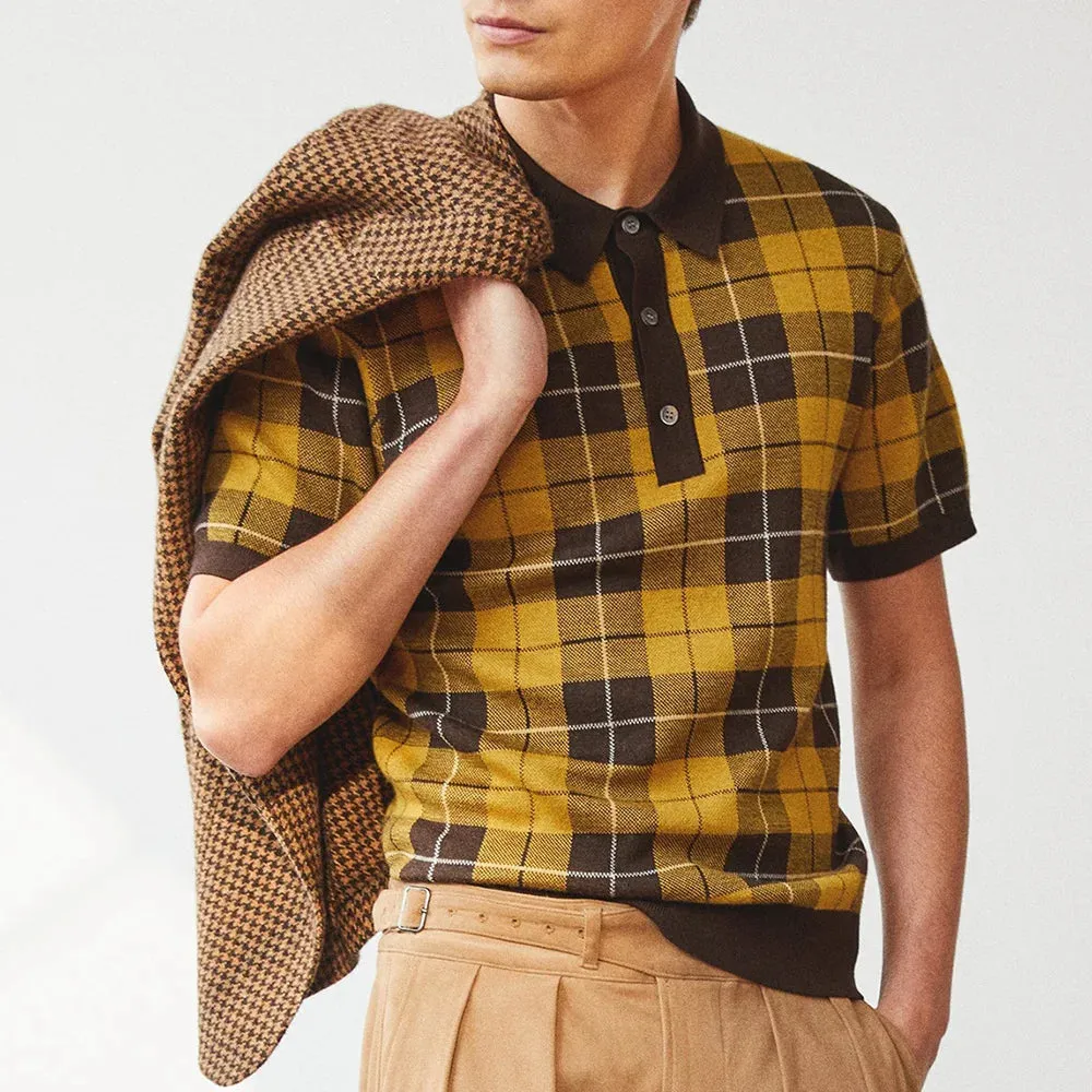 Wiaofellas  -  Mens Plaid Contrast Color Knitted Polo Shirt Casual Business Breathable Versatile Simple And Comfortable Tops Men Summer