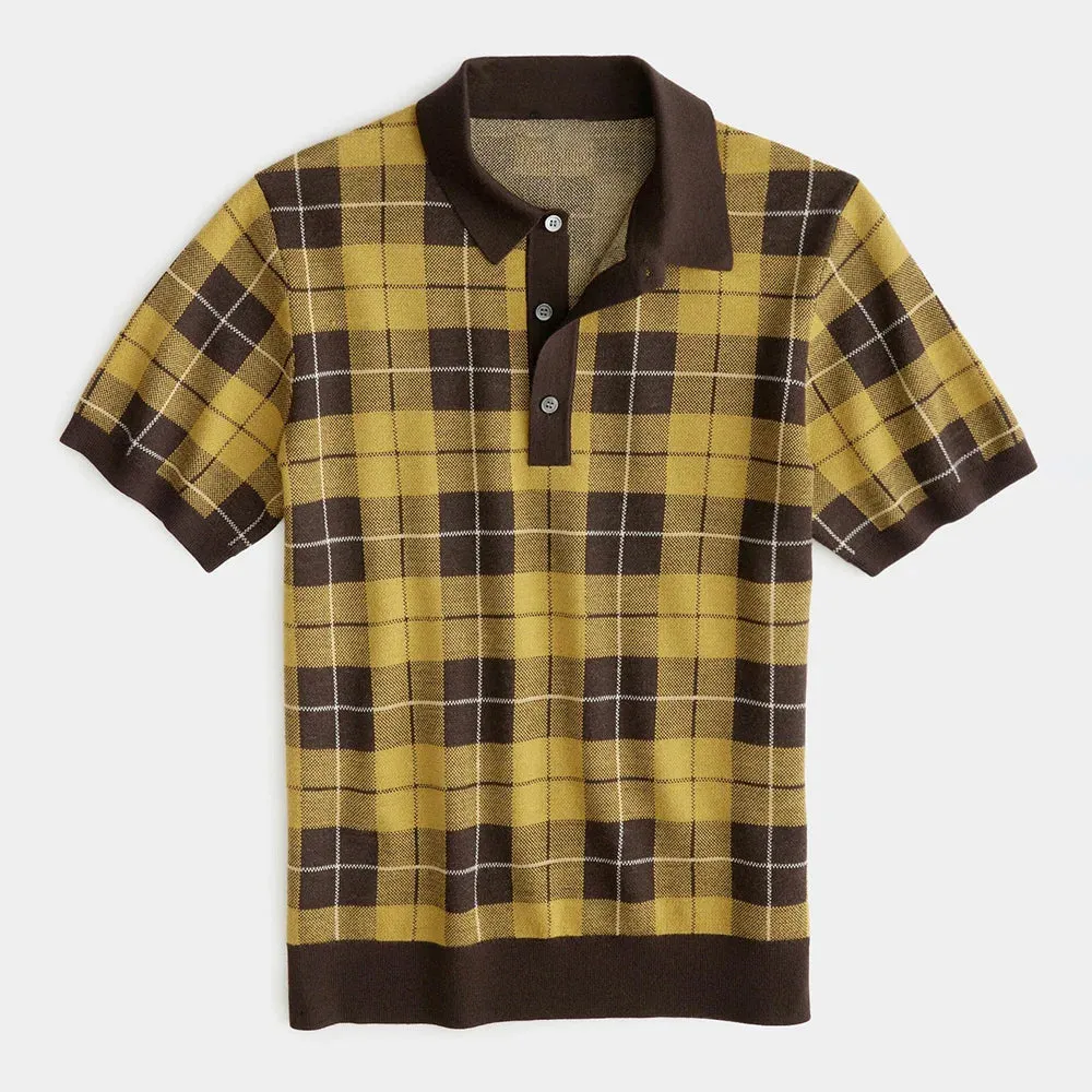 Wiaofellas  -  Mens Plaid Contrast Color Knitted Polo Shirt Casual Business Breathable Versatile Simple And Comfortable Tops Men Summer