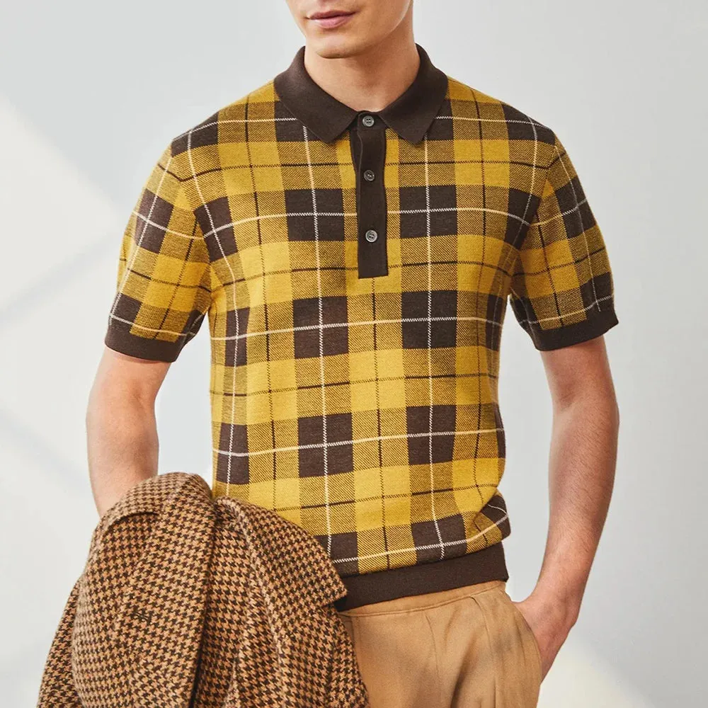 Wiaofellas  -  Mens Plaid Contrast Color Knitted Polo Shirt Casual Business Breathable Versatile Simple And Comfortable Tops Men Summer